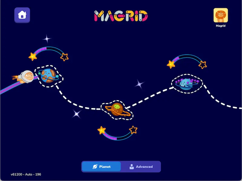 Magrid planet view showing a personalised visual learning journey through space with sequential cognitive skill stages