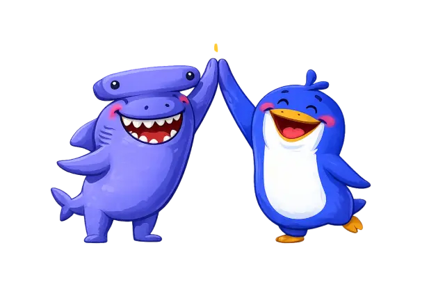 Les personnages de l'application Magrid font la fête : un requin et un pingouin se tapent dans la main pour célébrer la réussite scolaire