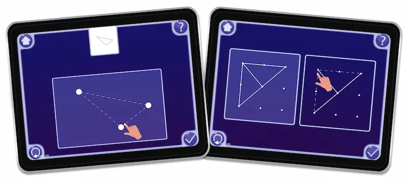 Activité visuelle Magrid sur iPad proposant un exercice de liaison de formes par points à relier, destiné à favoriser la coordination œil-main