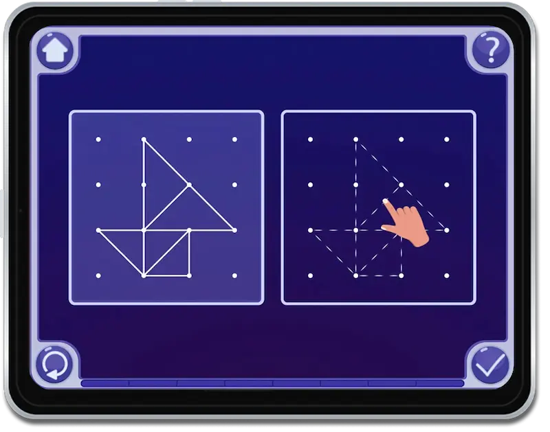 Atividade do Magrid para iPad que apresenta uma tarefa geométrica de ligar os pontos com precisão progressiva, destinada ao desenvolvimento do controlo motor