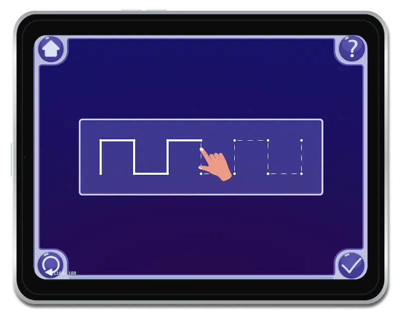 Atividade do Magrid para iPad em que uma criança traça um padrão geométrico escalonado para desenvolver a coordenação motora