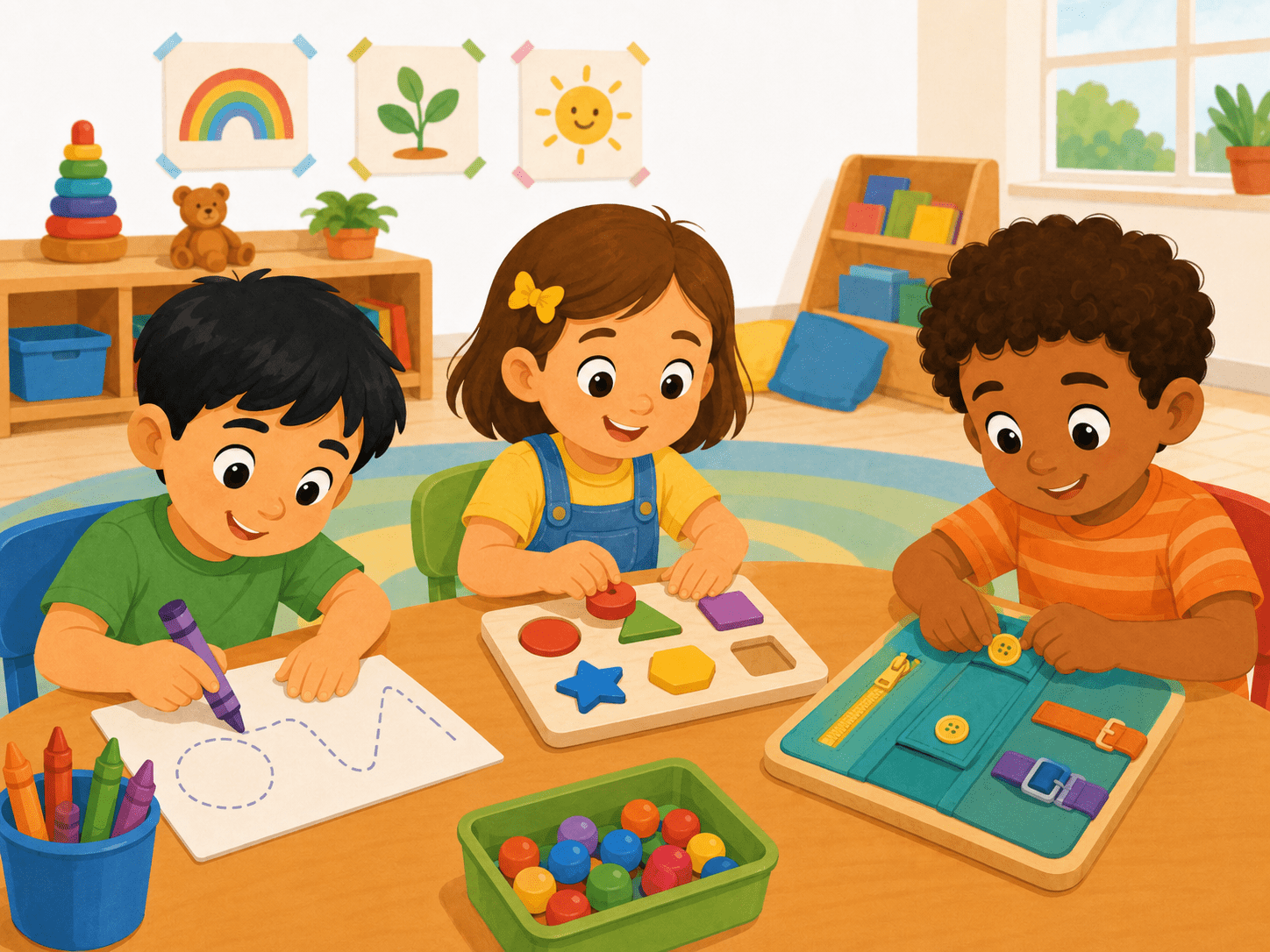 Teacher supporting a young student with a writing task in an inclusive classroom