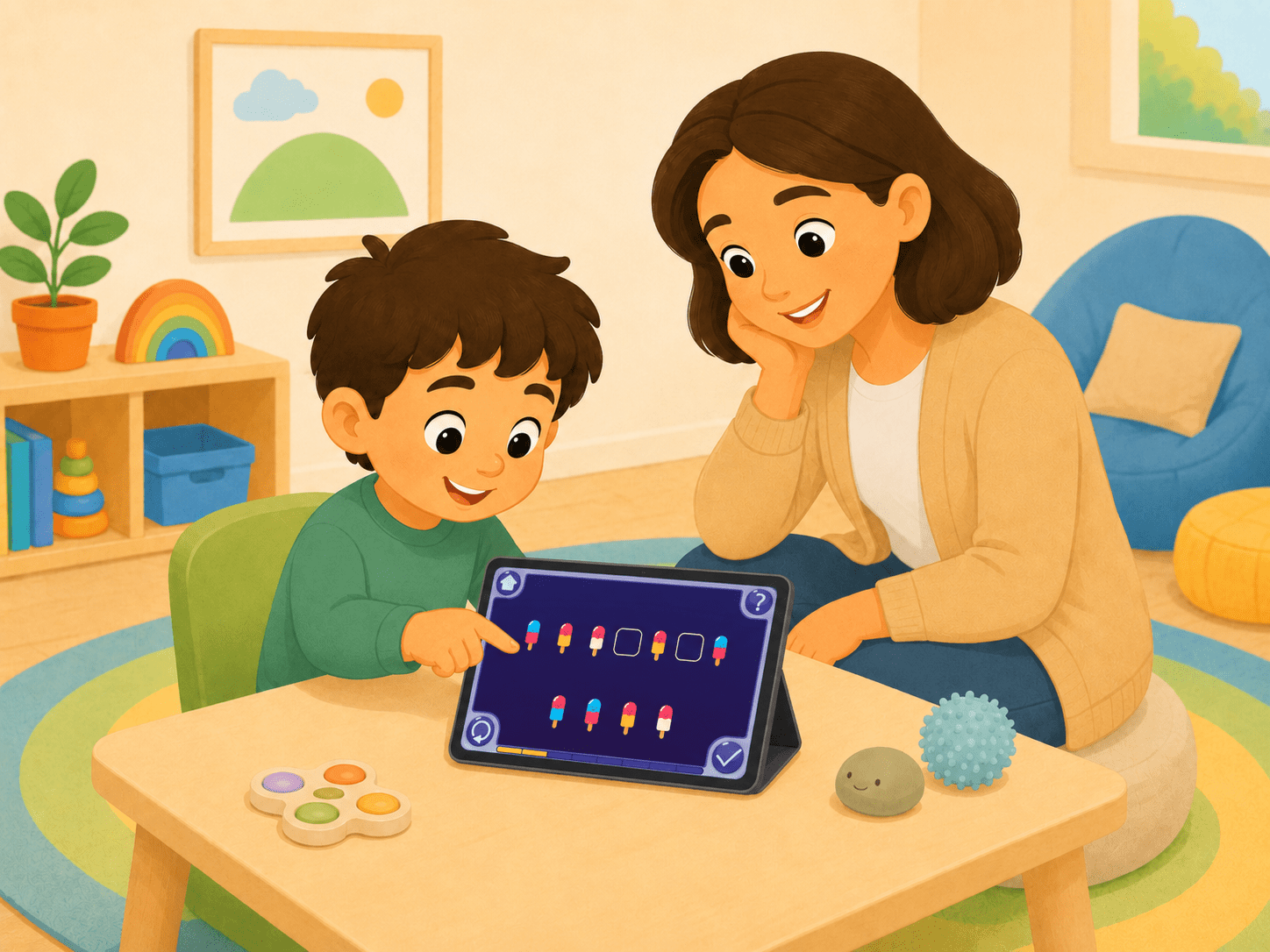 Un enfant participe à une activité pédagogique « Magrid » calme et adaptée aux besoins sensoriels sur une tablette