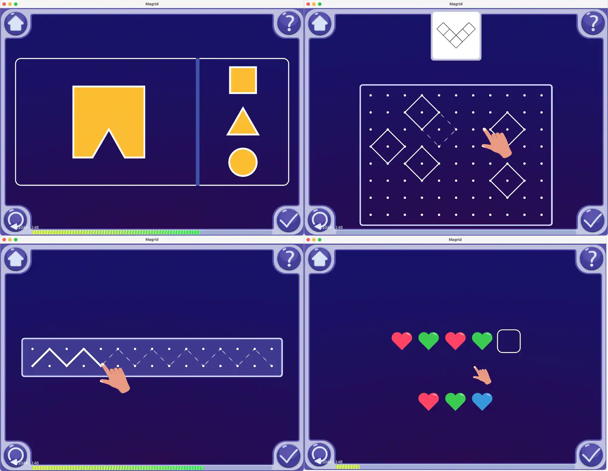 Magrid app screens showing pre-kindergarten shape sorting and pattern recognition activities